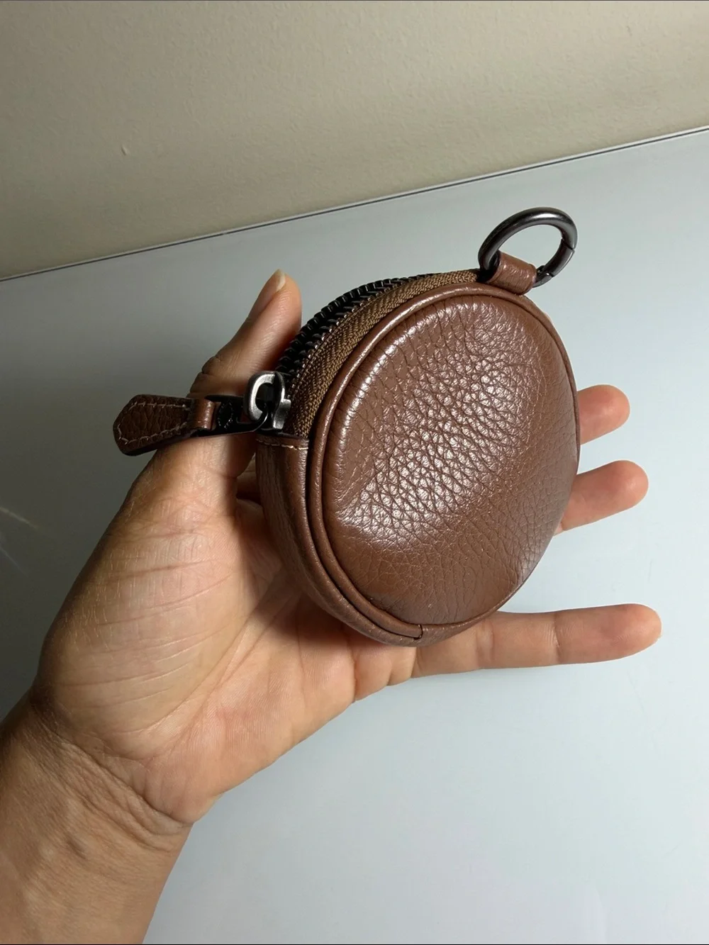 COACH Brown Pebbled Leather Round Coin Pouch with Keyring